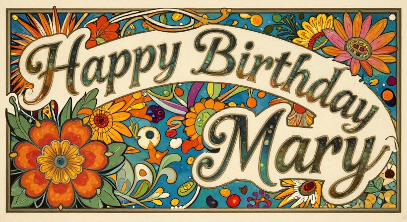 Colorful artistic depiction of a birthday celebration for Mary with bright, blooming flowers
