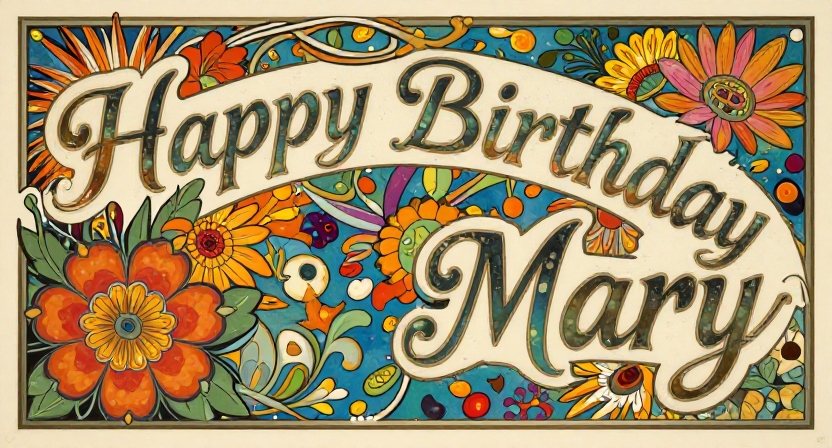 Colorful artistic depiction of a birthday celebration for Mary with bright, blooming flowers