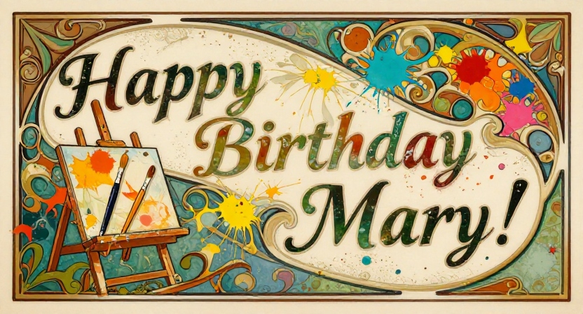 Artistic painting of colorful birthday wishes for Mary with vibrant brushstrokes