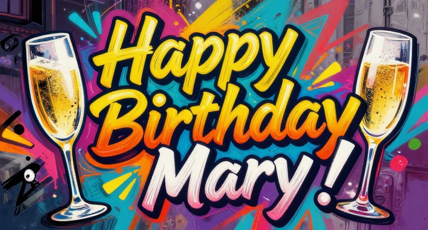 Two champagne glasses clinking with vibrant colors for Mary’s birthday celebration