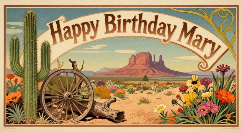 Mary celebrating her birthday in a vibrant desert with wildflowers, cacti, and sunlit mountains