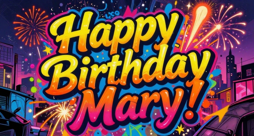 Graffiti-style fireworks with the name Mary in vibrant colors