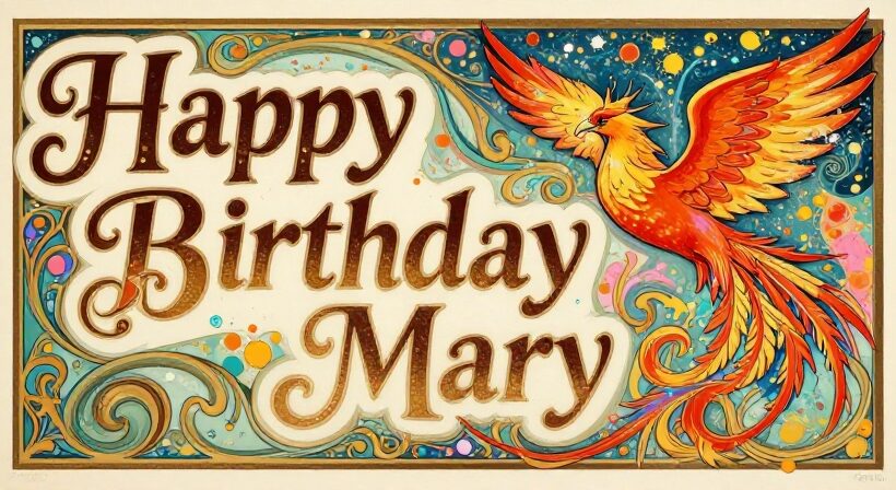 Vibrant phoenix rising in fiery colors to celebrate Mary’s birthday