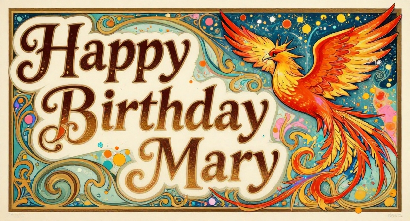 Vibrant phoenix rising in fiery colors to celebrate Mary’s birthday