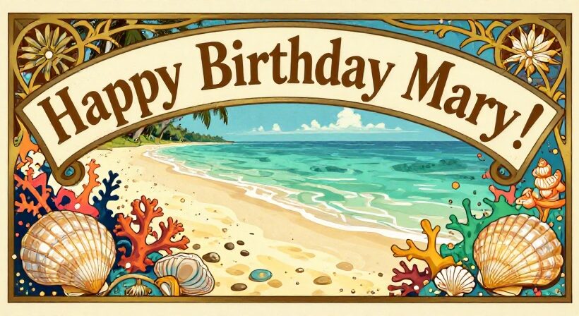 Sunny seaside with gentle waves and seashells celebrating Mary’s birthday