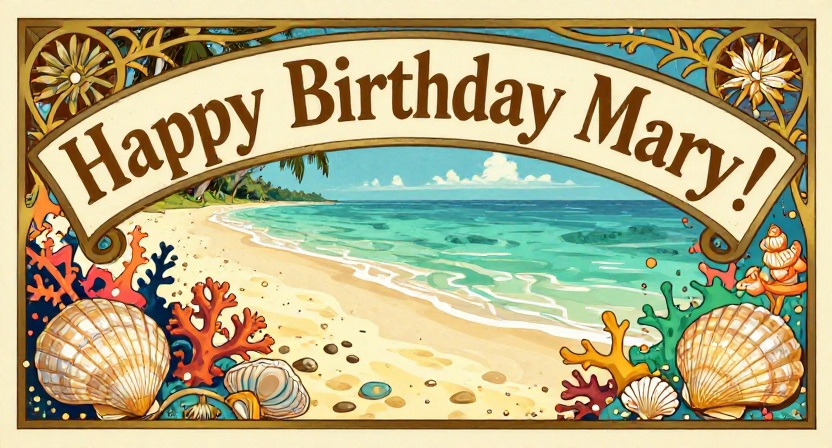 Sunny seaside with gentle waves and seashells celebrating Mary’s birthday