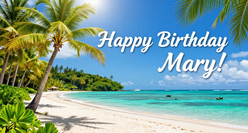 Mary celebrating her birthday on a tropical beach with palm trees and ocean waves